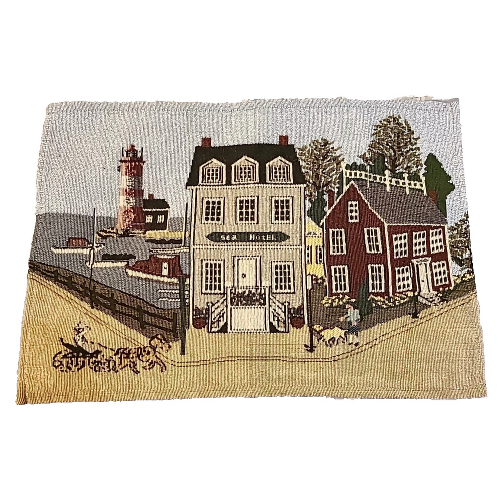 Sea Hotel Place Mat Folk Art Style Tapestry Style Lighthouse Fishing Ocean VTG